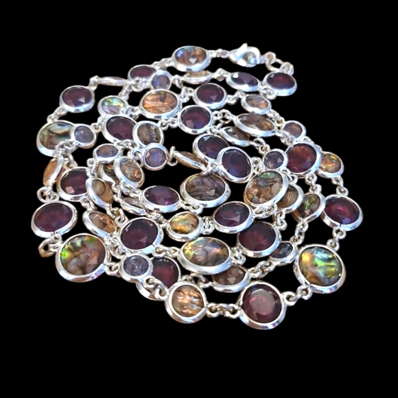 Anne Klein MultiColor SilverTone Bezel Station Link Abalone Purple Blue Necklace - Picture 7 of 8